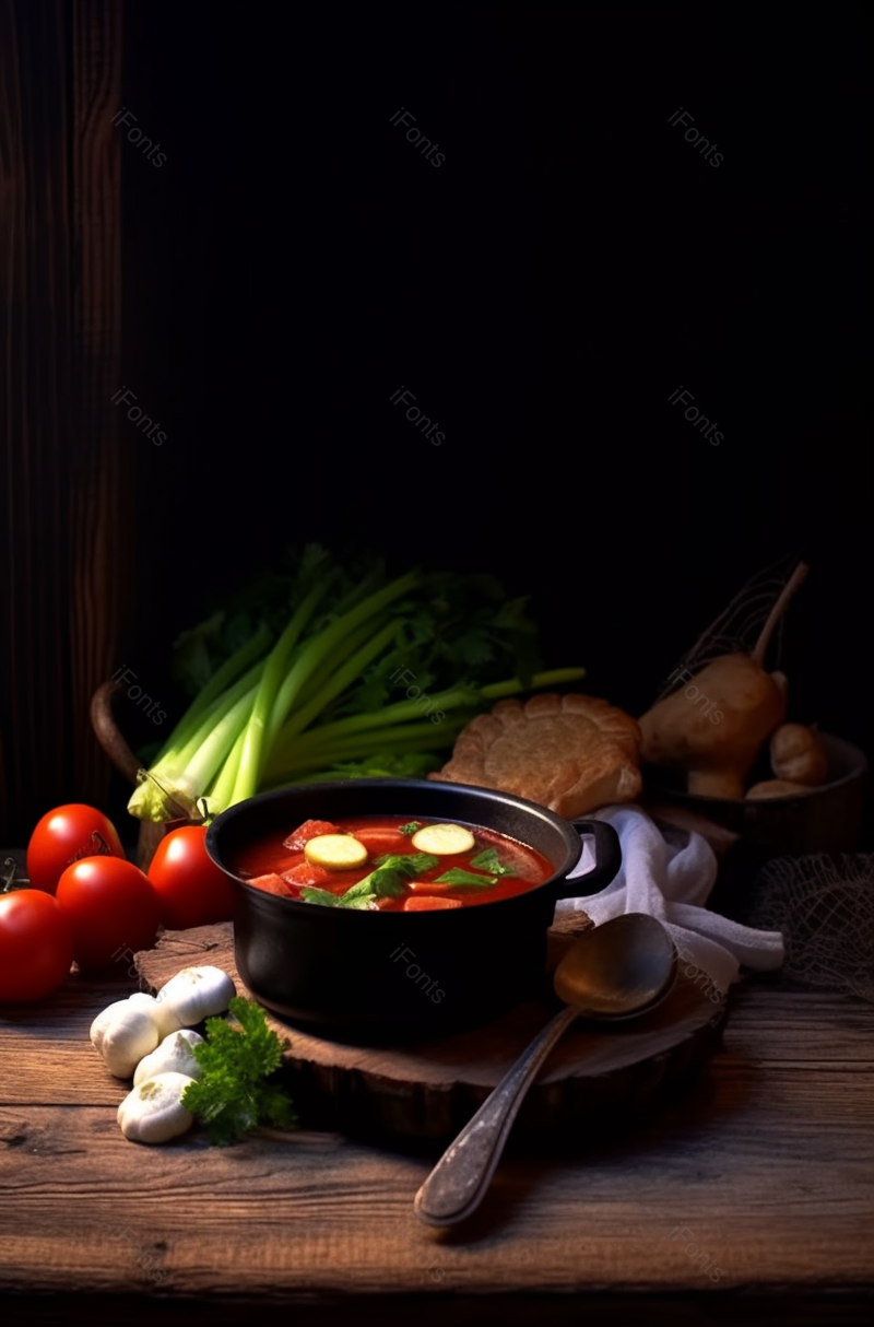 木桌黑色砂锅里的食物,高清,摄影图,摄影图片,图片大全,摄影图免费下载